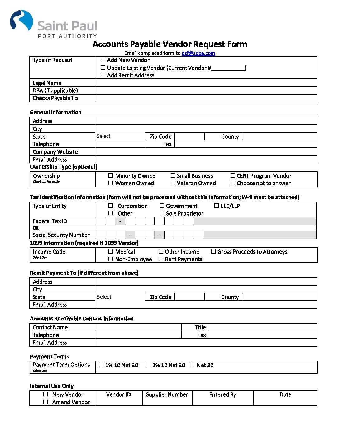 AP Vendor Setup Form - Saint Paul Port Authority